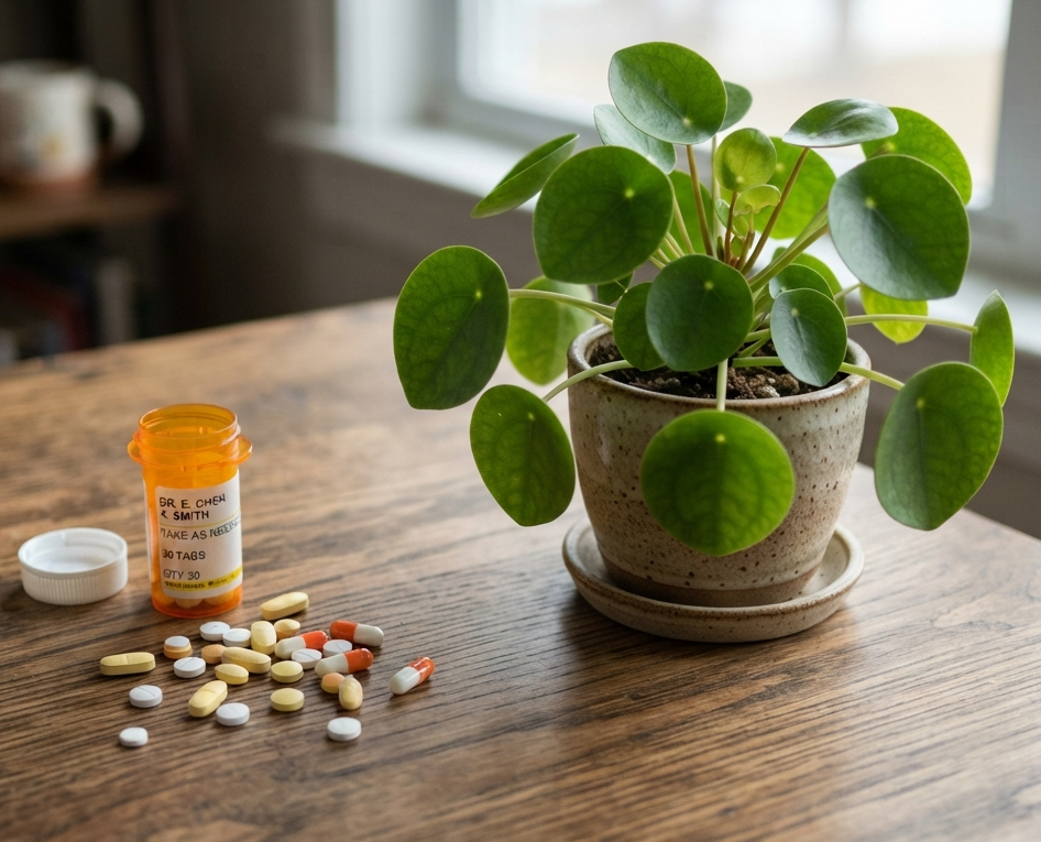 pills next to a plant